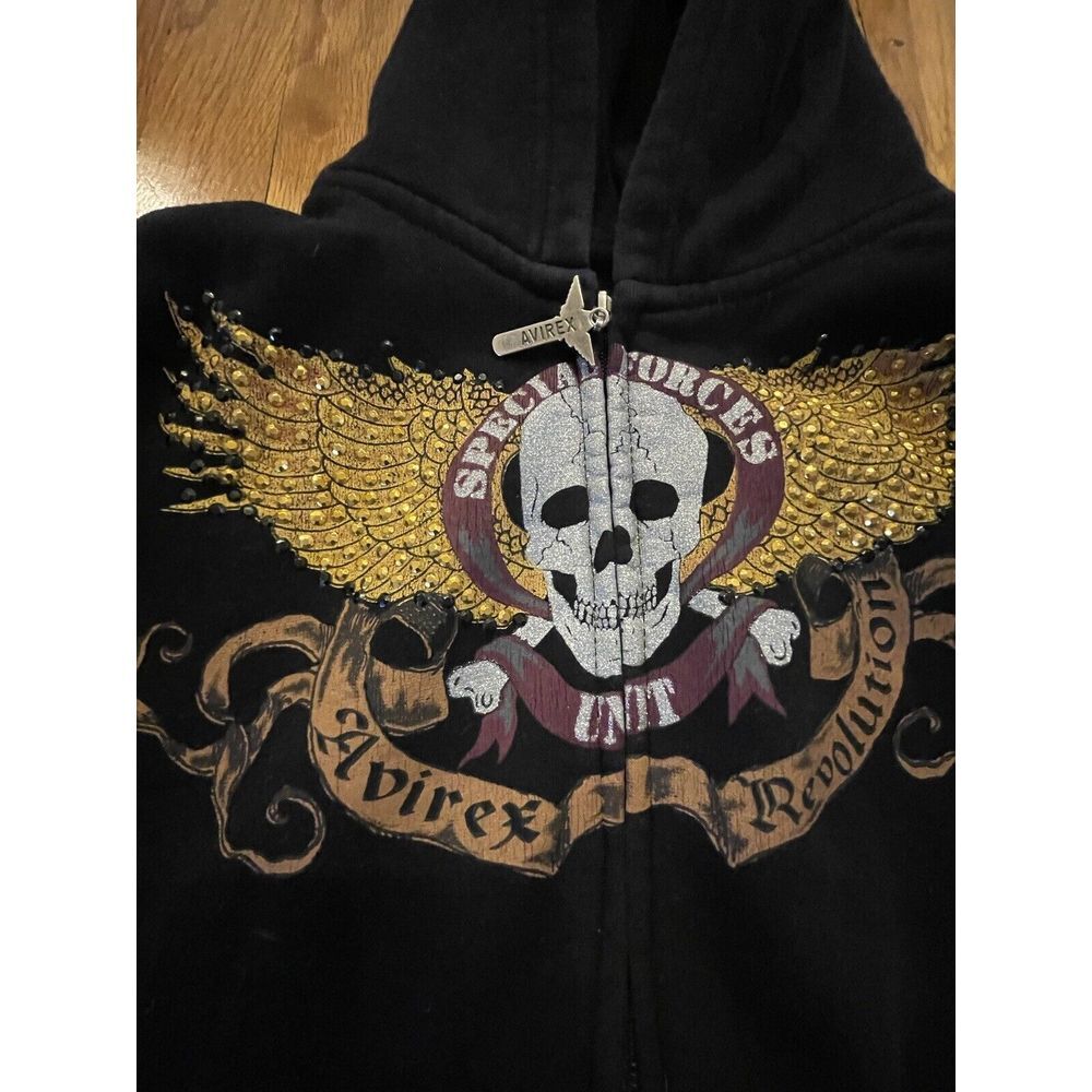 Avirex Hoodie Mens  Black Embroidered‎ Winged Skull Full Zip Streetwear XL Y2k - Picture 2 of 8
